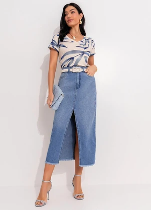 Quintess - Blusa Folhagem Azul com Decote V e Bolso Frontal - QUINTESS