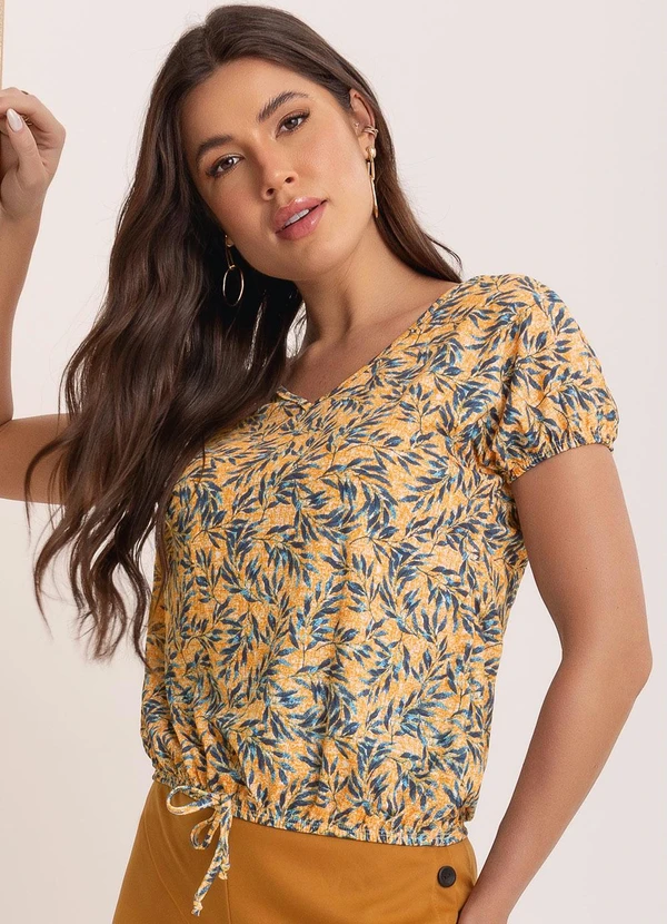 Moda Pop - Blusa Folhagem Azul com Elástico na Barra