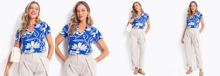 Blusa Folhagem Azul em Malha Canelada