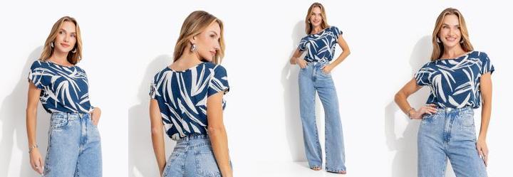 Blusa Folhagem Azul Marinho em Malha de Viscose