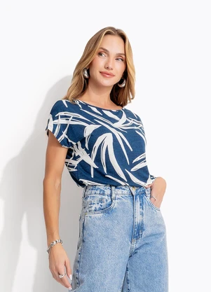 Quintess - Blusa Folhagem Azul Marinho em Malha de Viscose - QUINTESS