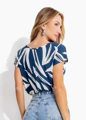 Quintess - Blusa Folhagem Azul Marinho em Malha de Viscose - QUINTESS