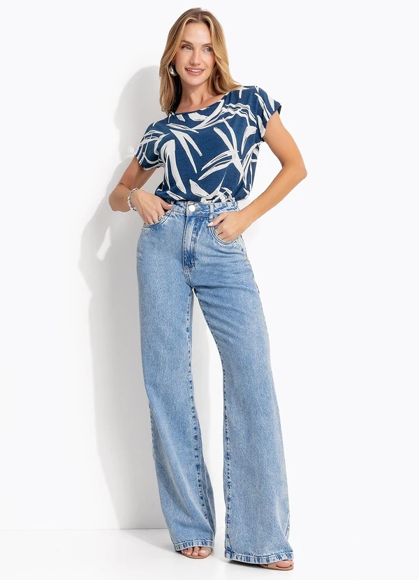 Quintess - Blusa Folhagem Azul Marinho em Malha de Viscose 3