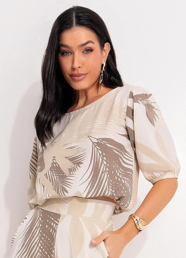 Quintess - Blusa Folhagem Bege com Elástico
