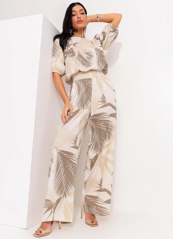 Quintess - Blusa Folhagem Bege com Elástico 2