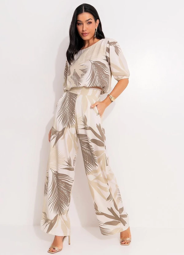 Quintess - Blusa Folhagem Bege com Elástico 3