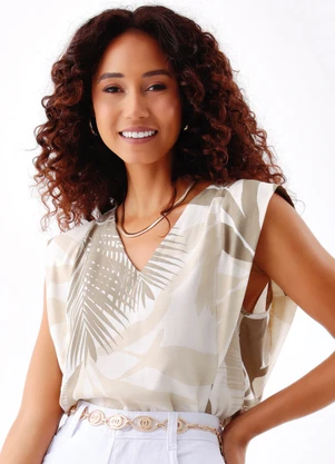 Quintess - Blusa Folhagem Bege em Linho - QUINTESS