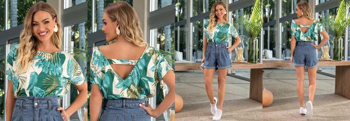 Blusa Folhagem Bege em Malha Fria