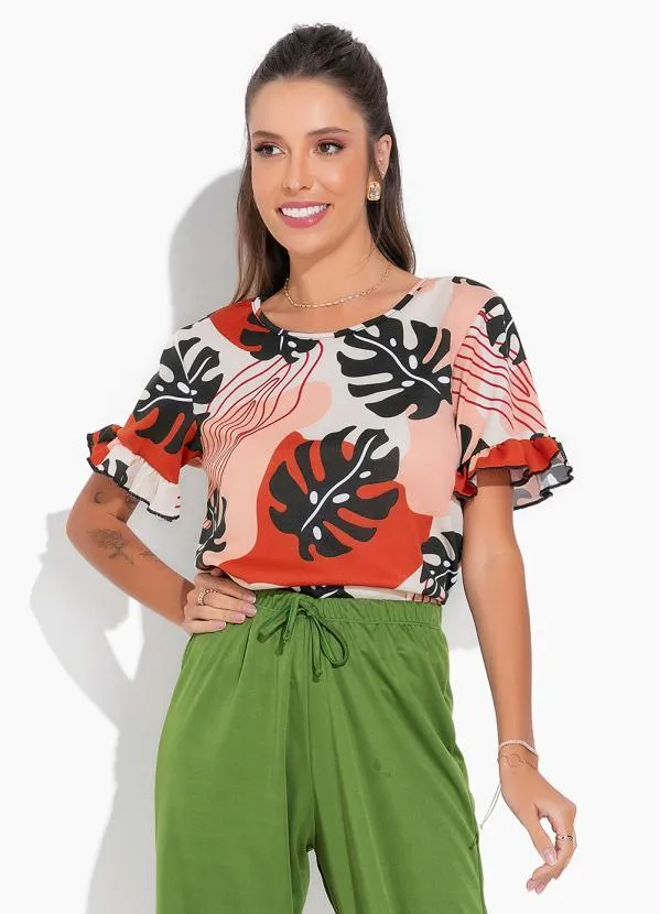 Moda Pop - Blusa Folhagem com Babado na Manga