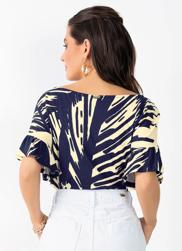 Quintess - Blusa Folhagem Marinho com Babados nas Mangas 6