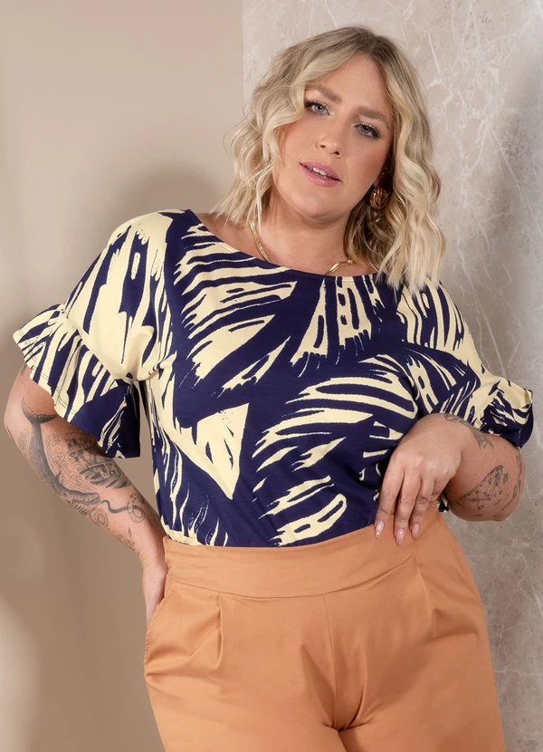 Quintess - Blusa Folhagem Marinho com Babados nas Mangas 3