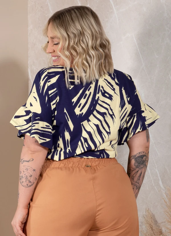 Quintess - Blusa Folhagem Marinho com Babados nas Mangas