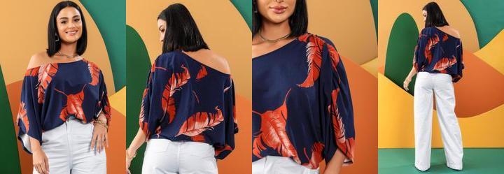 Blusa Folhagem Marinho em Malha de Viscose