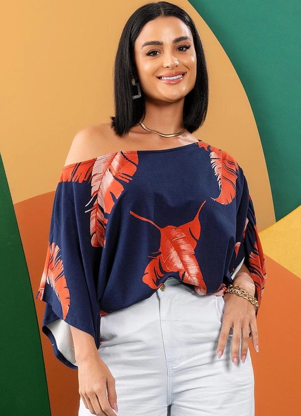 Blusa Folhagem Marinho em Malha de Viscose Quintess