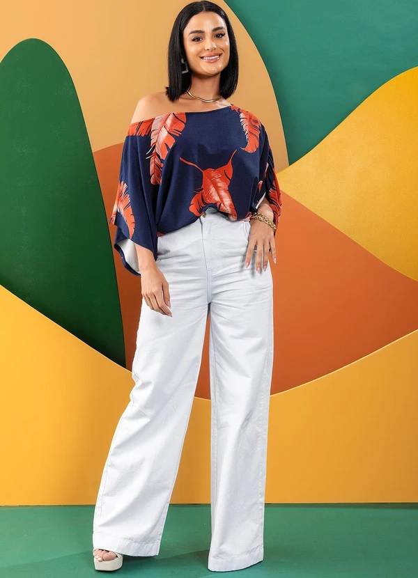 Quintess - Blusa Folhagem Marinho em Malha de Viscose 5