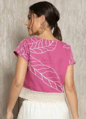 Quintess - Blusa Folhagem Rosa com Guipir - QUINTESS