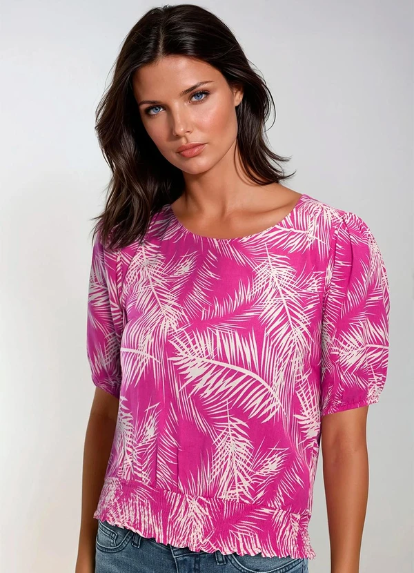 bonprix - Blusa Folhagem Rosa em Linho