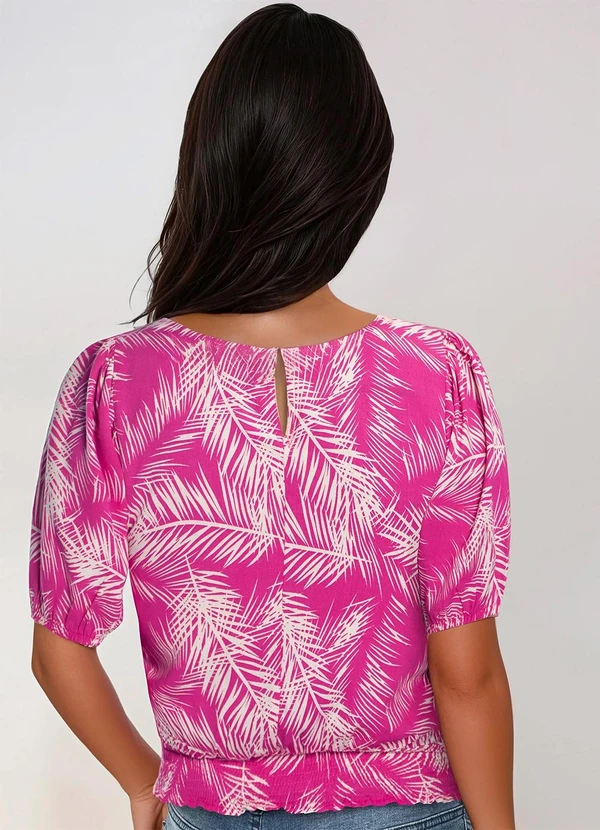 bonprix - Blusa Folhagem Rosa em Linho