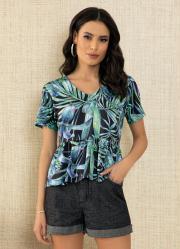 Blusa Folhagem Tropical com Franzidos
