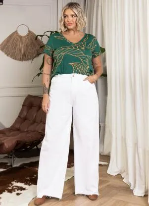 Quintess - Blusa Folhagem Verde com Decote V e Bolso - QUINTESS