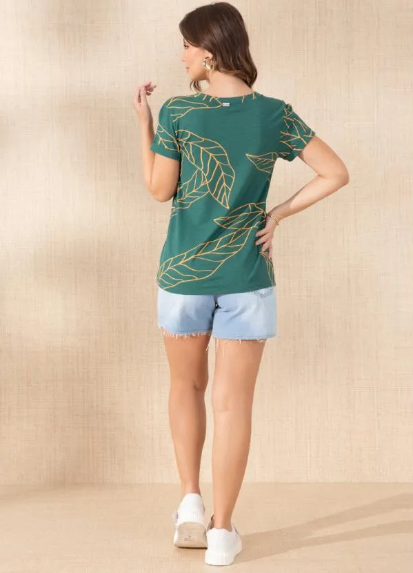 Quintess - Blusa Folhagem Verde com Decote V e Bolso 4