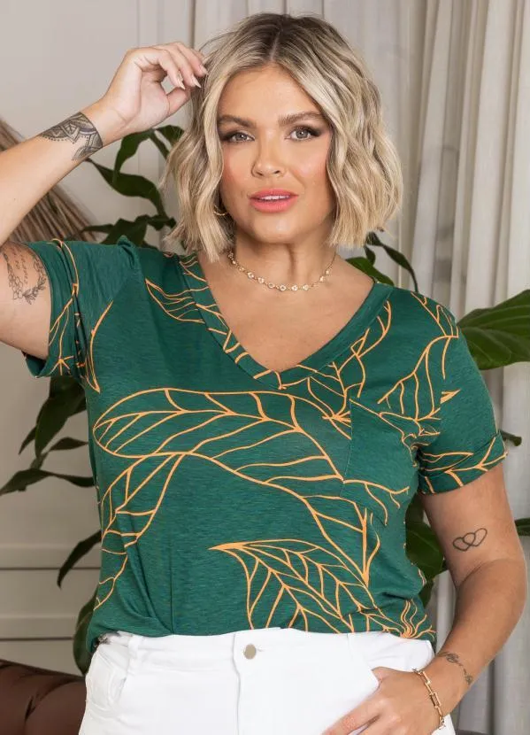 Quintess - Blusa Folhagem Verde com Decote V e Bolso 6