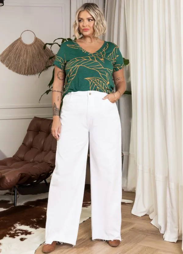 Quintess - Blusa Folhagem Verde com Decote V e Bolso 7