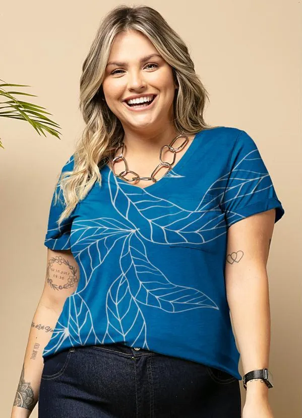 Quintess - Blusa Folhas Azul com Decote V e Bolso 4