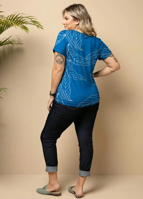 Quintess - Blusa Folhas Azul com Decote V e Bolso 5