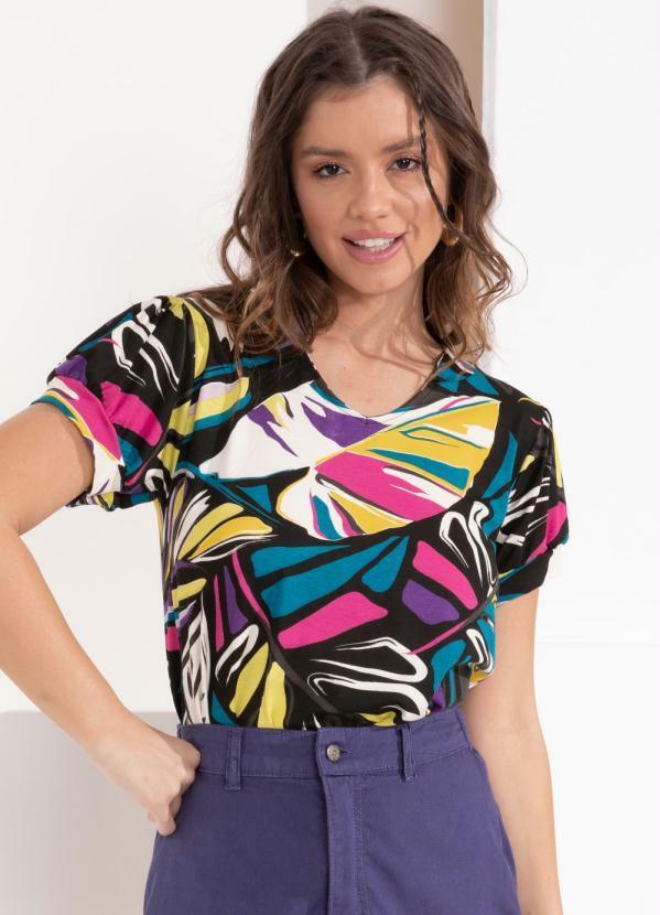 Blusa (Folhas Color) com Mangas Bufantes