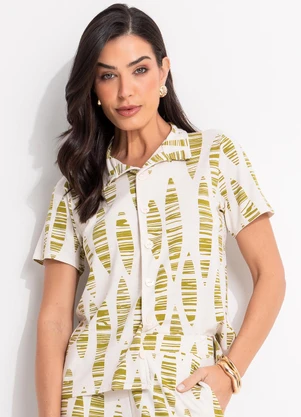 Quintess - Blusa Folhas Listradas em Malha de Viscose - QUINTESS