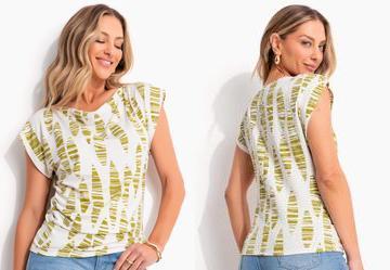 Blusa Folhas Listradas em Malha de Viscose