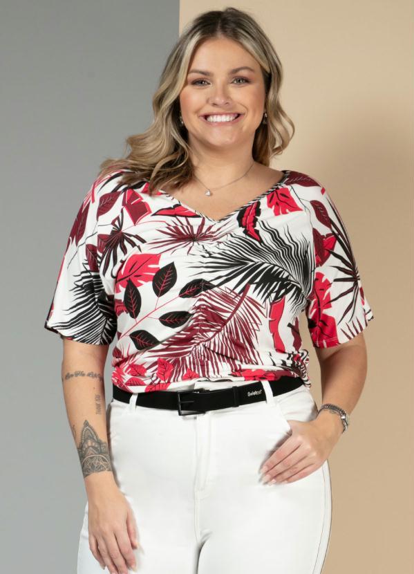 Quintess - Blusa Folhas Vermelhas com Franzido na Frente 5