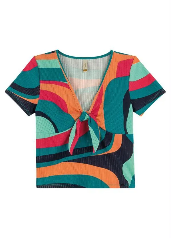 Marialícia - Blusa Geométrica com Amarração Marialícia Verde