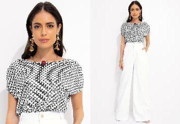 Blusa Geomtrica P&B com Ombros Franzidos