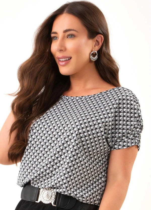 Quintess - Blusa Geométrica P&B com Ombros Franzidos 4