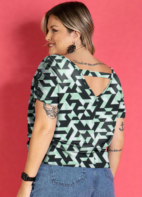 Quintess - Blusa Geométrica Verde com Ombros Franzidos 6