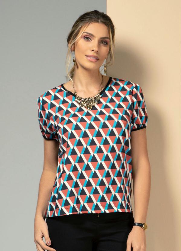 Quintess - Blusa Geométrico Azul com Manga Curta Formando Leve Balonê