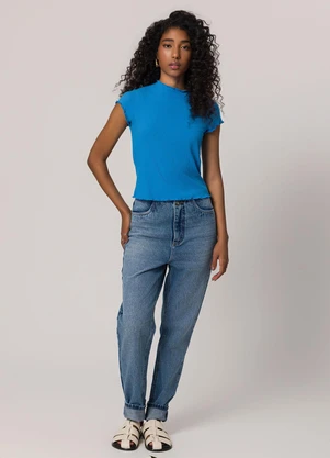 Sofie - Blusa Gola Alta em Ribana Azul - SOFIE