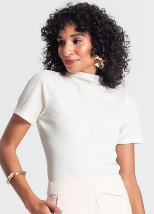 Rovitex - Blusa Gola Alta em Ribana Canelada Bege - ROVITEX