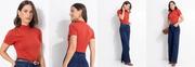 Blusa Gola Alta Terracota em Malha de Viscose com Bot�es no Ombro