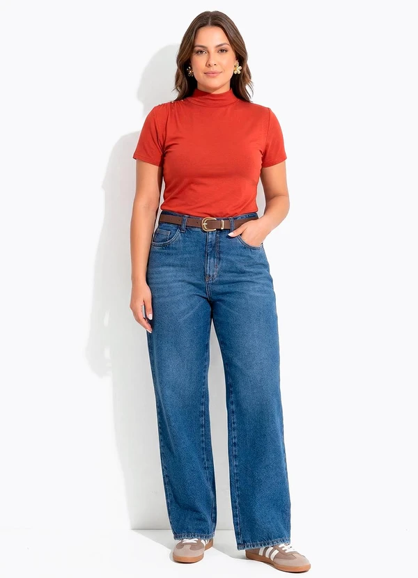 Quintess - Blusa Gola Alta Terracota em Malha de Viscose com Botões no Ombro 10