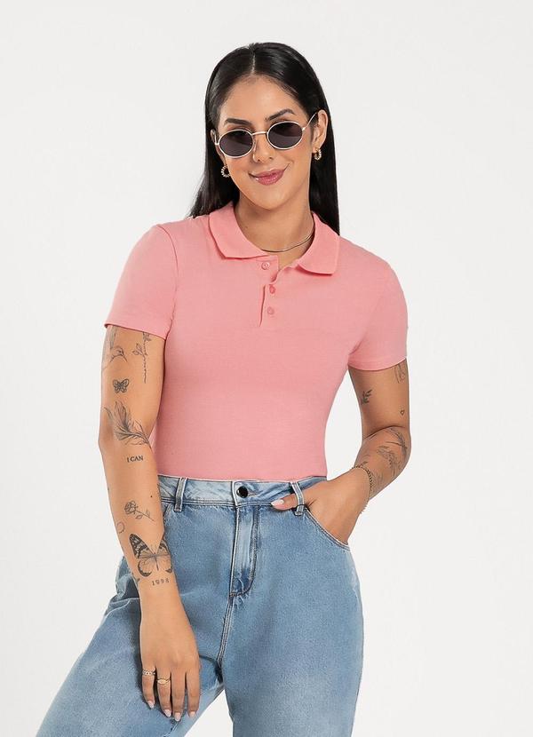 Cativa - Blusa Gola Polo em Cotton Rosa Claro