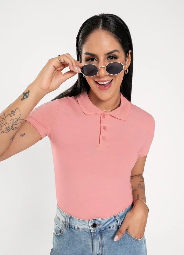Cativa - Blusa Gola Polo em Cotton Rosa Claro 3