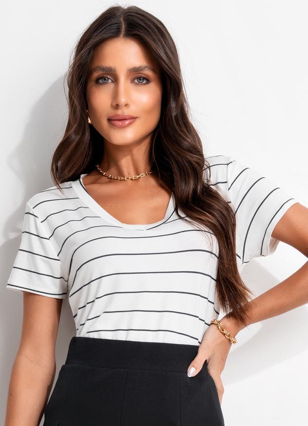 Bimini - Blusa Gola  V Listrado Off White
