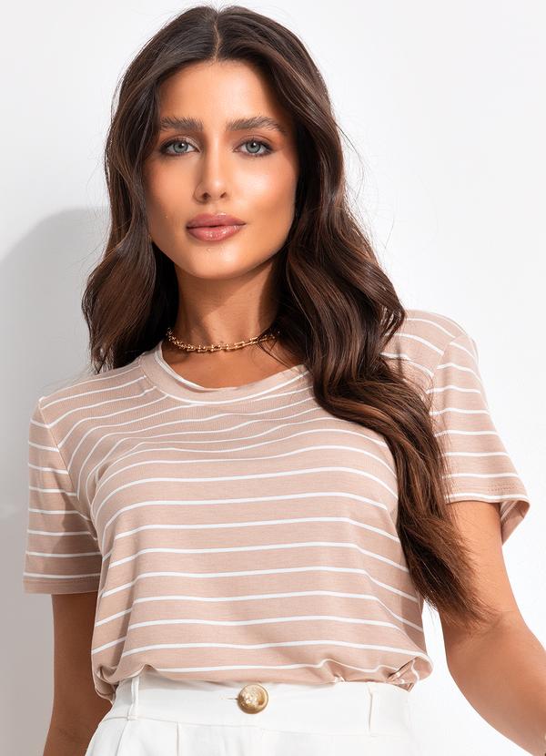 Bimini - Blusa Gola V Listrado Bege