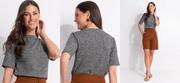Blusa Grafite em Malha Tric� Canelada Manga Curta Soltinha