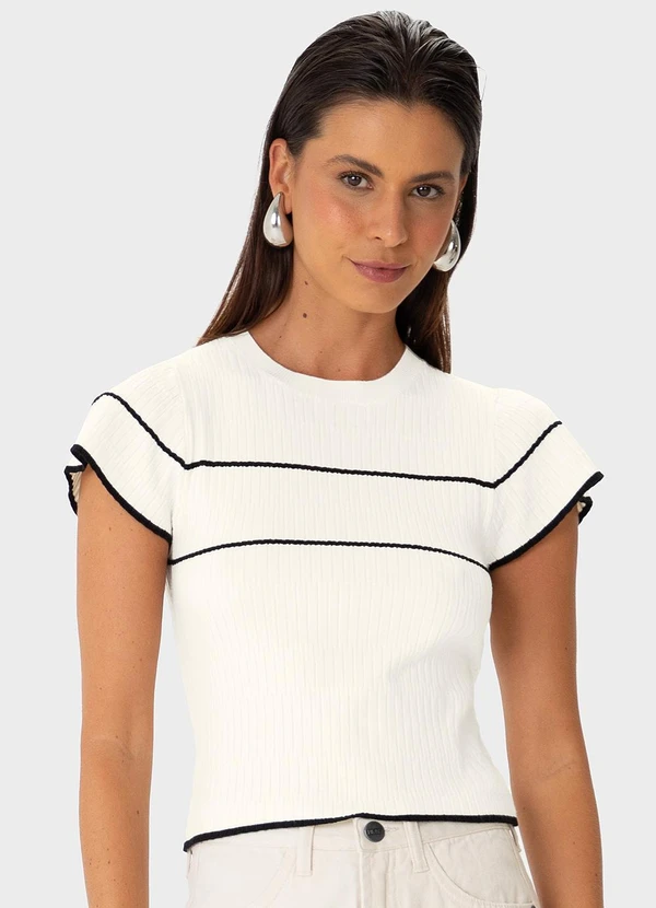 Enfim - Blusa Justa em Tricot Canelado Off White