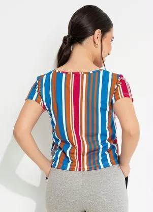 Moda Pop - Blusa Listrada Azul com Mangas Curtas - MODA POP
