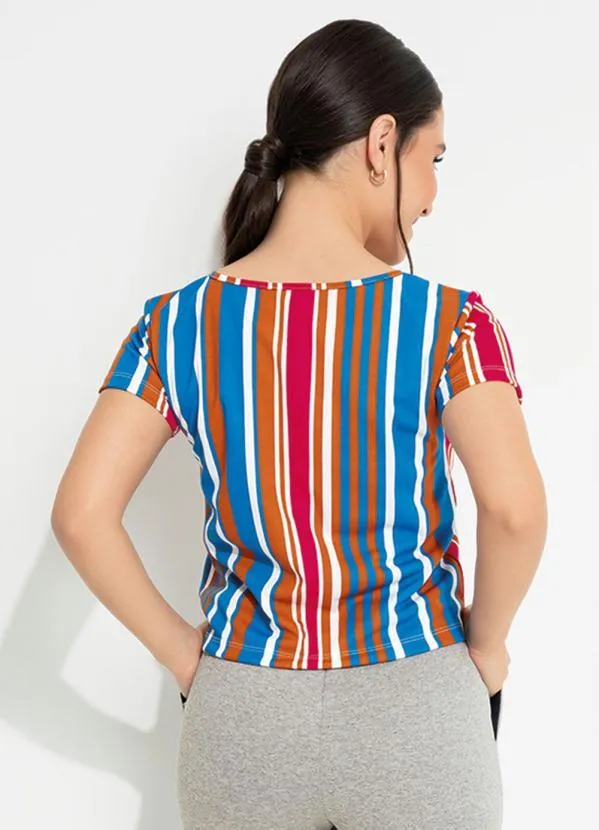 Moda Pop - Blusa Listrada Azul com Mangas Curtas 2